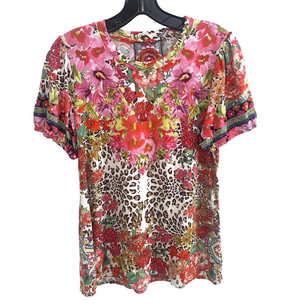 Johnny Was Floral and Leopard Print Short Sleeve Top - Size Small